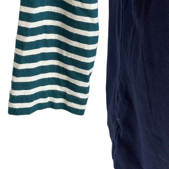 J. Crew 3/4 sleeve navy blue top with green and white striped sleeves size M - Picture 9 of 10